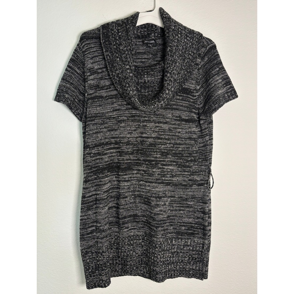 Notations Womens Cowl Neck Short Sleeve Marled Knit Sweater Tunic Dress Black L